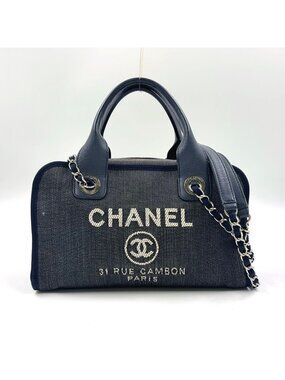 Chanel Deauville Line Bowling 2-Way Leather Denim Navy Blue Handbag Silver